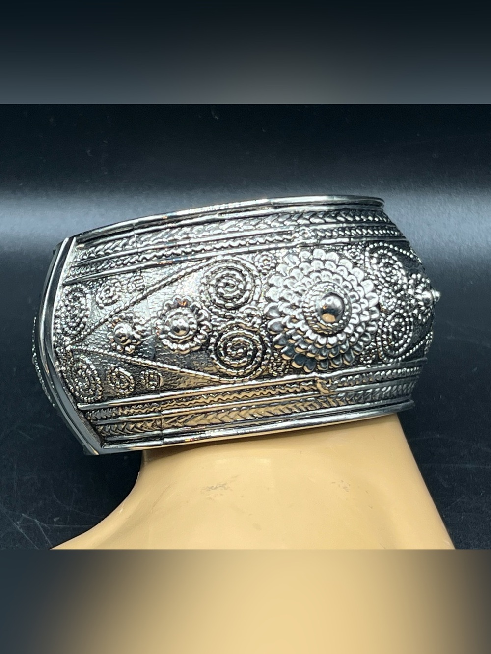 Big Ornate Silver-Tone Clamper Cuff Bracelet - Unbranded